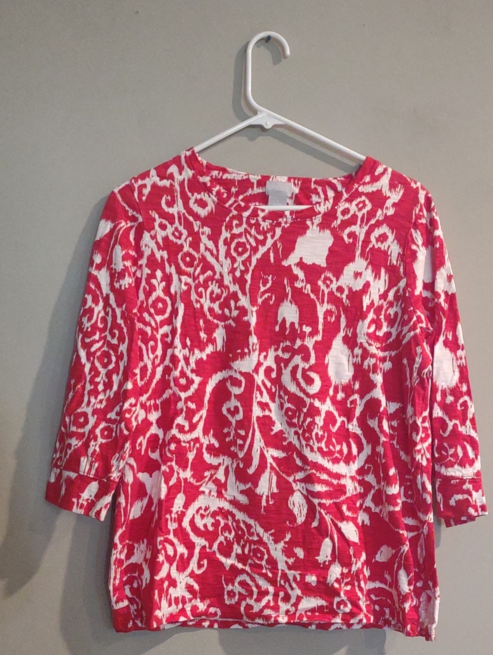 Chico's Women's Medium Red and White Patterned Three Quarter Sleeves Tunic Top